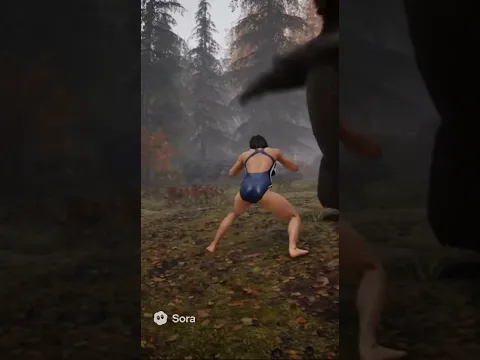 ヒグマと戦うハイレグ競泳水着の女性