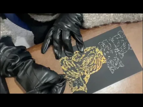 黒革手袋フェイクレザーグローブでラストスクラッチアート Last scratch art with black leather gloves faux leather gloves #259