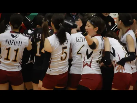 女子バレー、赤色ユニフォーム、試合前タイムアウト