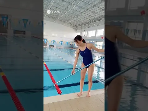 ハイレグ #競泳水着 を着た女性インストラクターがプール掃除